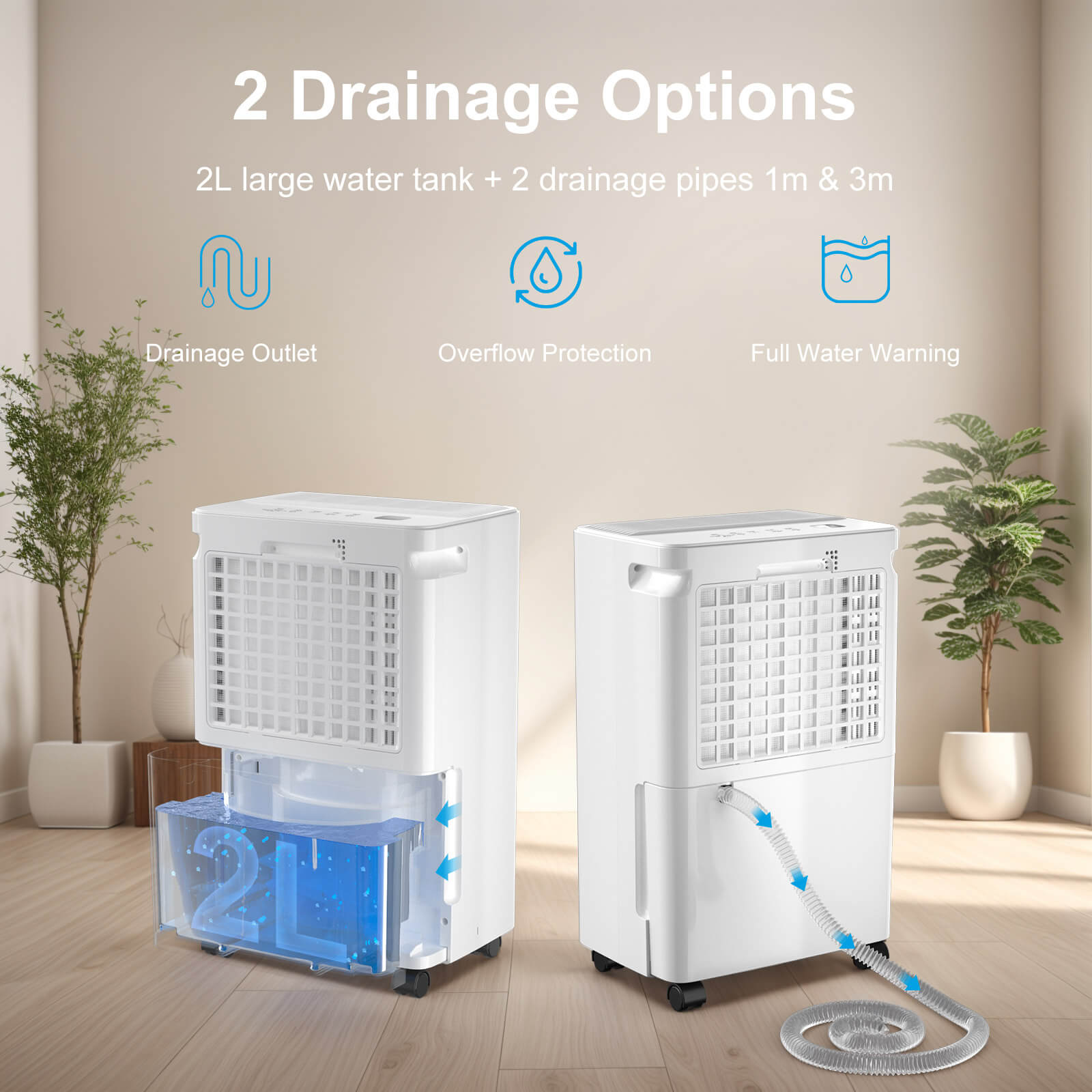 Loefme 12L/ Day Efficient Dehumidifier For Home, With 2L Tank & 2 Pipes, Portable Wheels, 3 Modes, Auto Defrost, Timer, Child Lock, Digital Display, Full Water Alert, LED Light For Bathroom/ Bedroom/ Kitchen/ Caravan/ Wardrobe