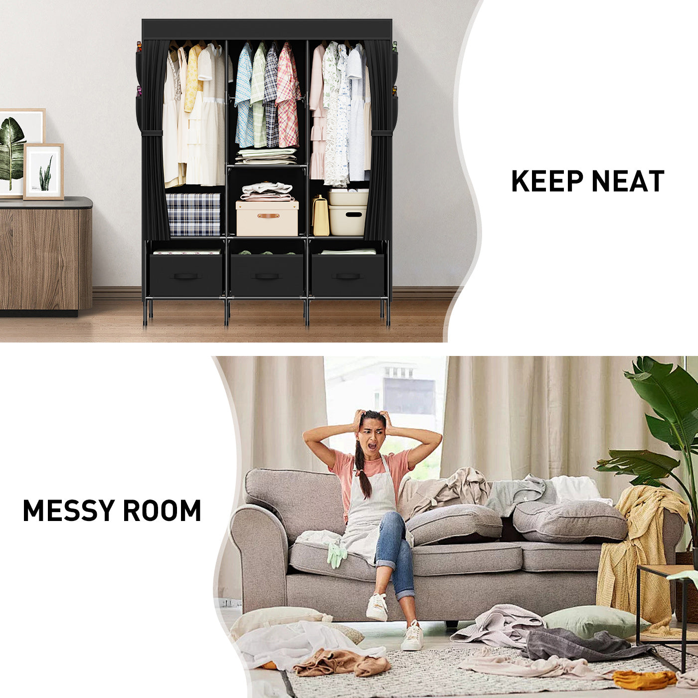 LOEFME Canvas Wardrobe, Fabric Wardrobes for Bedroom with 3 Storage Boxes and Hanging Rods, 51 x 17.7 x 67 Inch Size, 16mm Pipe Diameter Fabric Closet