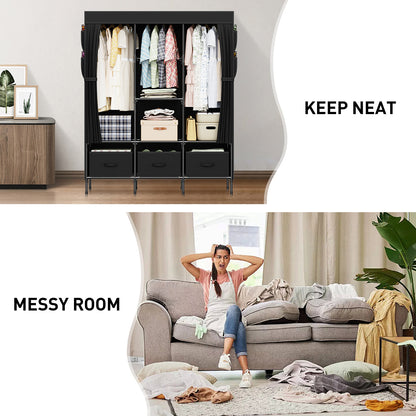 LOEFME Canvas Wardrobe, Fabric Wardrobes for Bedroom with 3 Storage Boxes and Hanging Rods, 51 x 17.7 x 67 Inch Size, 16mm Pipe Diameter Fabric Closet