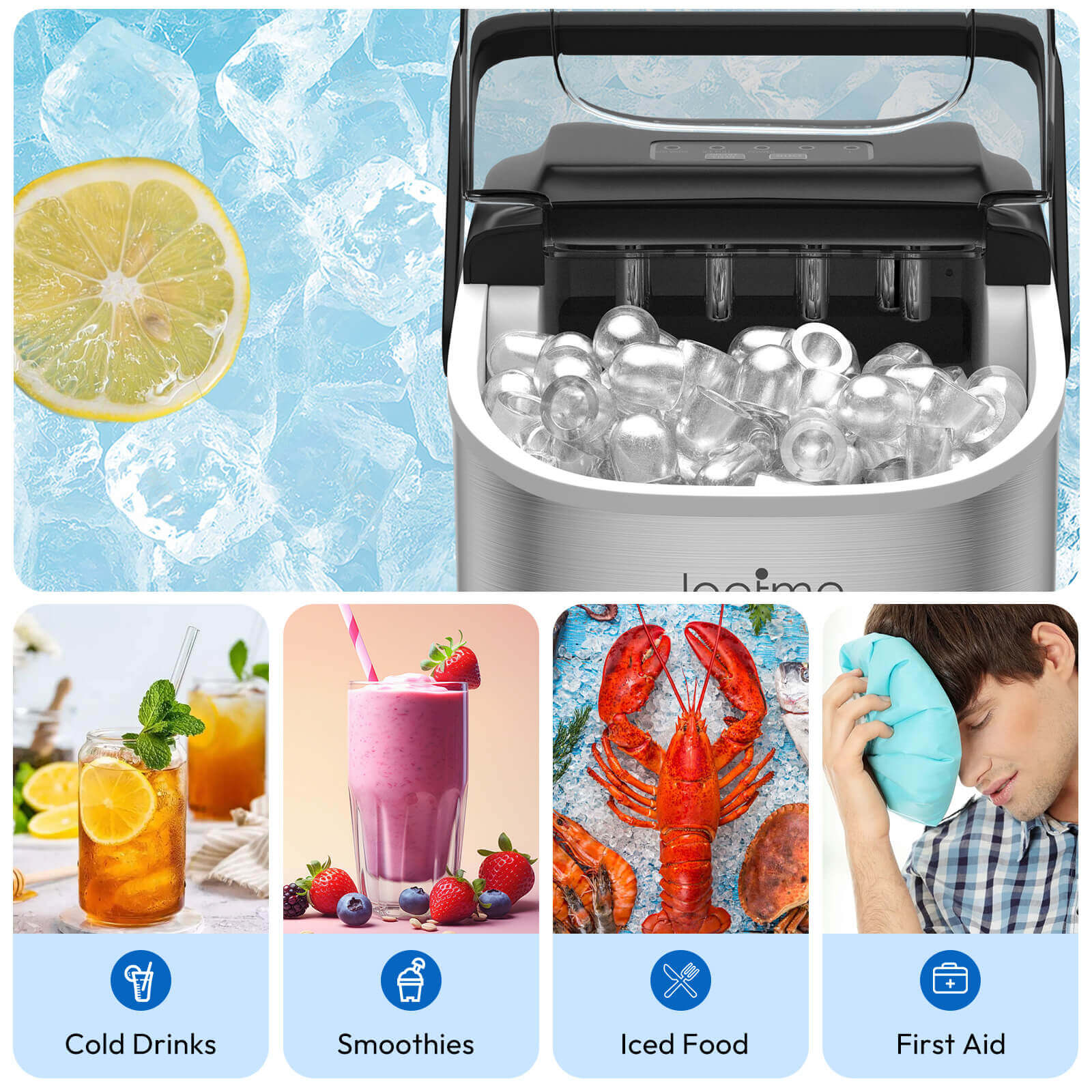 Loefme HZB-12/SH Mini Portable Fully Automatic Bullet-Shaped Ice Maker 12kg/24h 6 Minutes/9 Pcs Ice Cubes with Scoop Professional Ice Machine Self-Cleaning