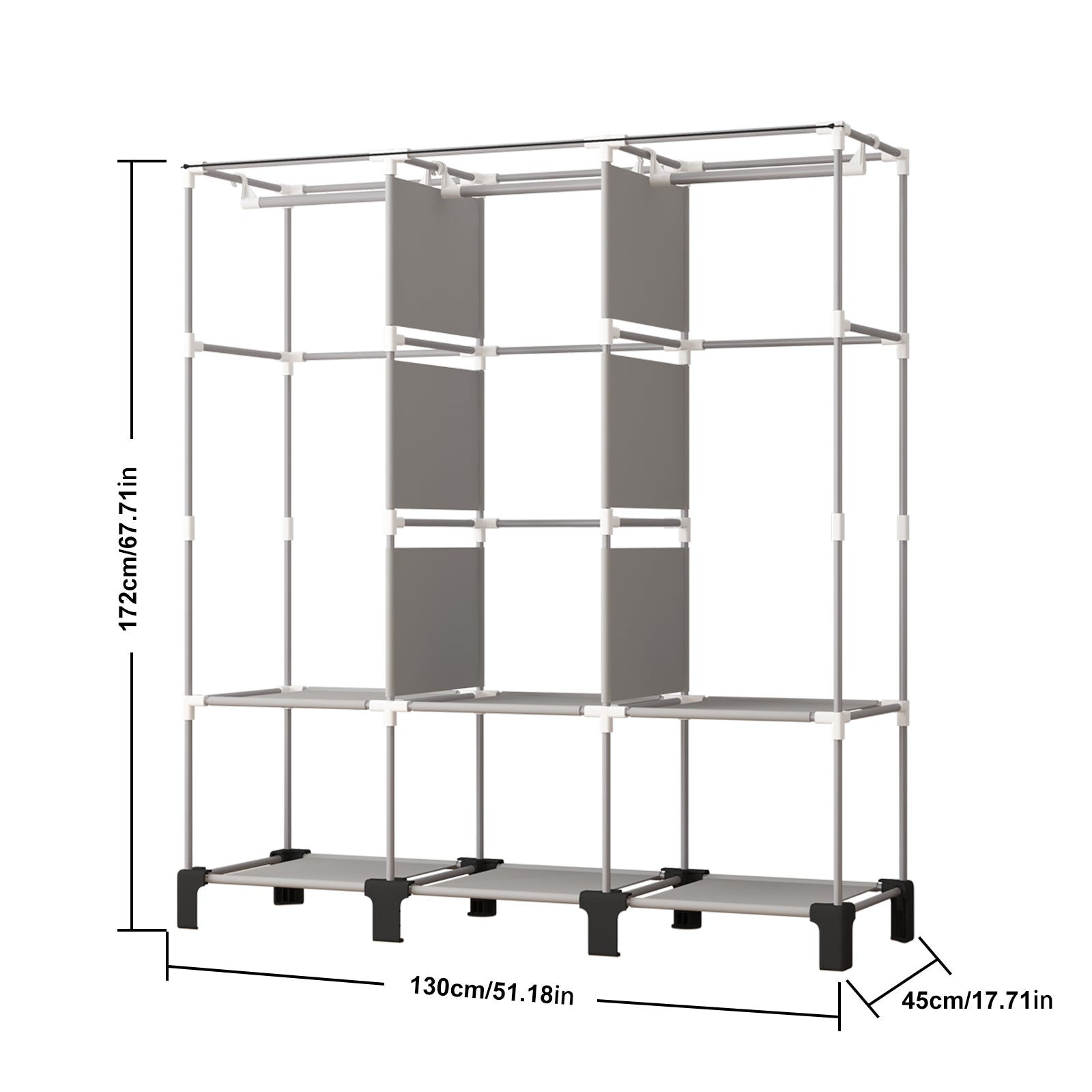 LOEFME Canvas Wardrobe 172 * 130 * 45cm, Wardrobes for Bedroom, New Base Design Fabric Bedroom Wardrobes with 2 Hanging Rails and 18 Side Bags, Fabric Closet, Cheap Folding Wardrobe
