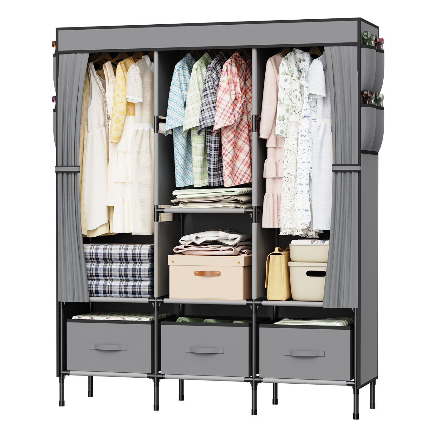 LOEFME Canvas Wardrobe, Fabric Wardrobes for Bedroom with 3 Storage Boxes and Hanging Rods, 51 x 17.7 x 67 Inch Size, 16mm Pipe Diameter Fabric Closet