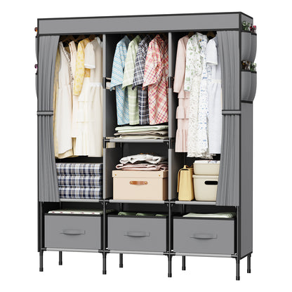 LOEFME Canvas Wardrobe, Fabric Wardrobes for Bedroom with 3 Storage Boxes and Hanging Rods, 51 x 17.7 x 67 Inch Size, 16mm Pipe Diameter Fabric Closet