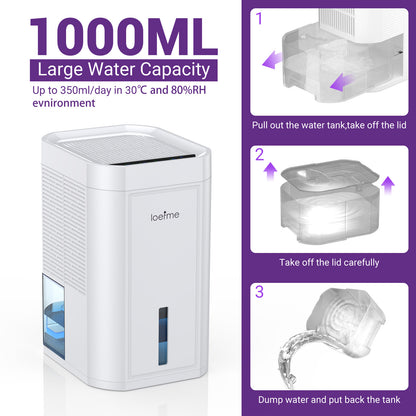 LOEFME 1000ml Mini Dehumidifier, 7-Color LED lights Dehumidifiers for Home Damp, Portable and Quiet Dehumidifier White, Suitable for Bedroom, Bathroom, Wardrobe, Cloakroom, RV