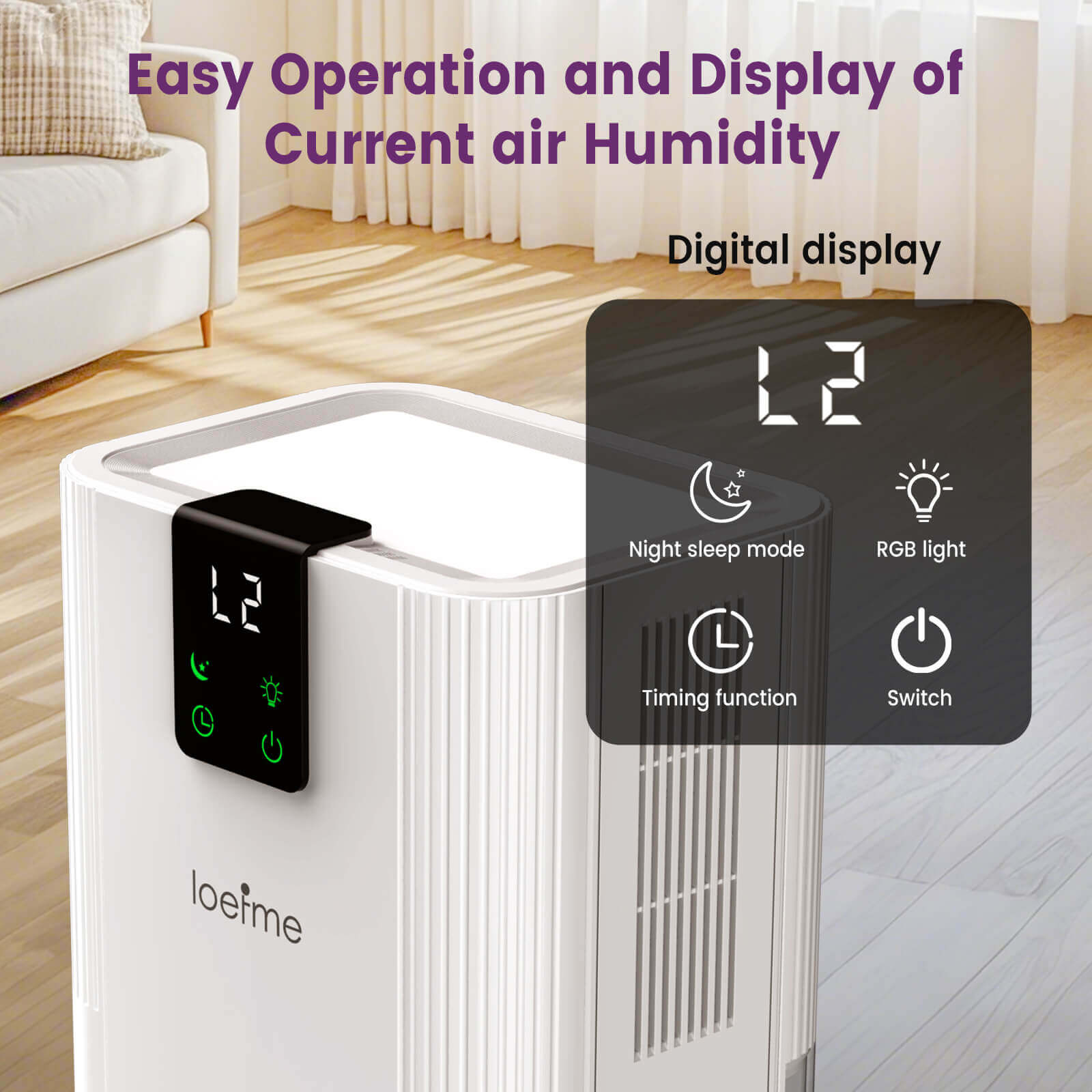 Loefme Silent Dehumidifier, Large 2.8L Air Dehumidifier, 750ML/Day With Touch Screen, LED Light For Home, Bedroom, Office, Basement