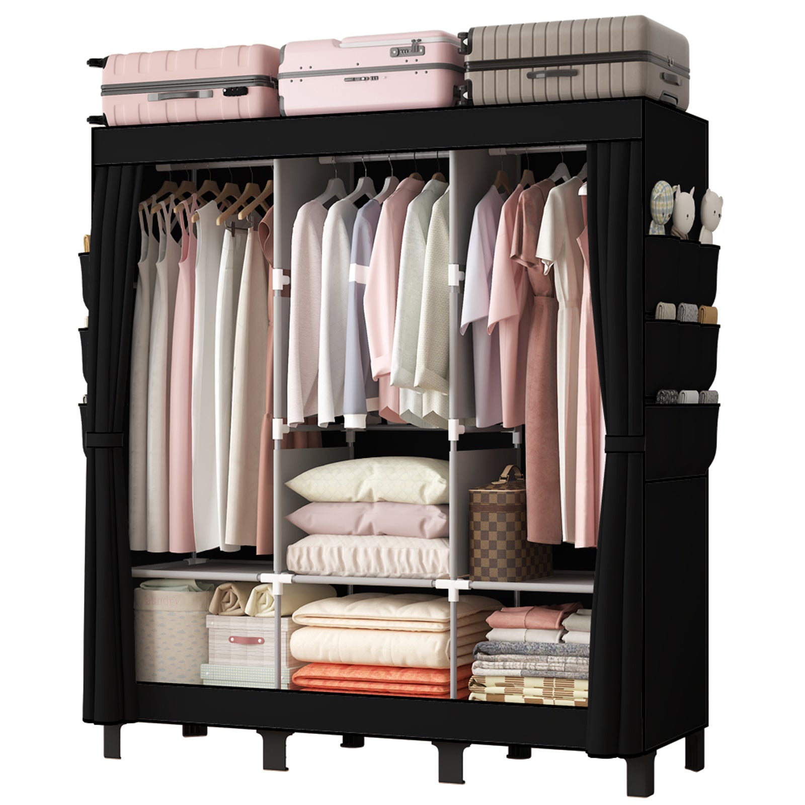 LOEFME Canvas Wardrobe 172 * 130 * 45cm, Wardrobes for Bedroom, New Base Design Fabric Bedroom Wardrobes with 2 Hanging Rails and 18 Side Bags, Fabric Closet, Cheap Folding Wardrobe