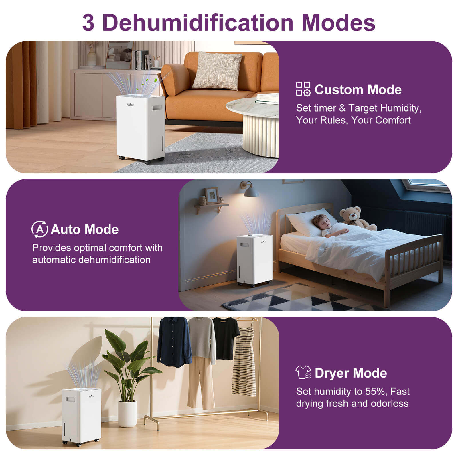 Loefme 8L/ Day Efficient Dehumidifier For Home, With 1.5L Tank & 2 Pipes, Portable Wheels, 3 Modes, Auto Defrost, Timer, Child Lock, Digital Display, Full Water Alert, Bedroom/ Kitchen/ Caravan/ Wardrobe