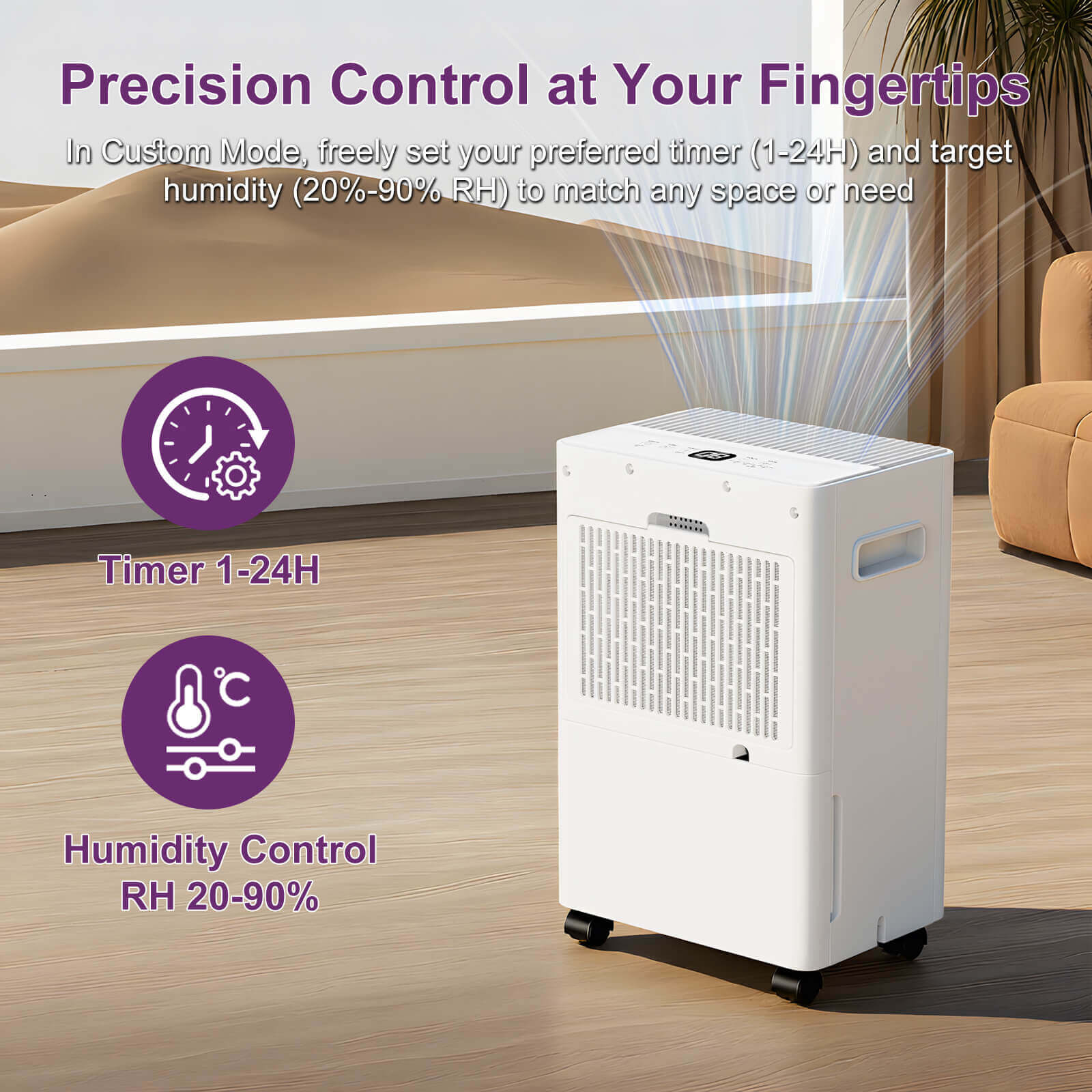 Loefme 8L/ Day Efficient Dehumidifier For Home, With 1.5L Tank & 2 Pipes, Portable Wheels, 3 Modes, Auto Defrost, Timer, Child Lock, Digital Display, Full Water Alert, Bedroom/ Kitchen/ Caravan/ Wardrobe