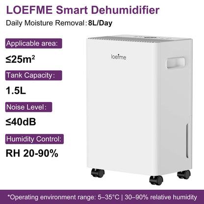 Loefme 8L/ Day Efficient Dehumidifier For Home, With 1.5L Tank & 2 Pipes, Portable Wheels, 3 Modes, Auto Defrost, Timer, Child Lock, Digital Display, Full Water Alert, Bedroom/ Kitchen/ Caravan/ Wardrobe