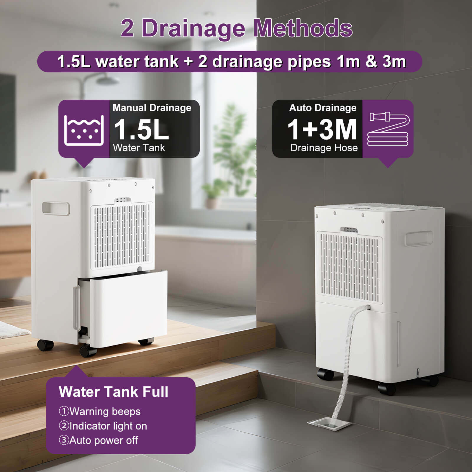 Loefme 8L/ Day Efficient Dehumidifier For Home, With 1.5L Tank & 2 Pipes, Portable Wheels, 3 Modes, Auto Defrost, Timer, Child Lock, Digital Display, Full Water Alert, Bedroom/ Kitchen/ Caravan/ Wardrobe