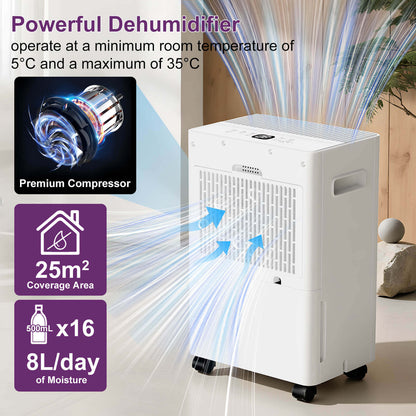 Loefme 8L/ Day Efficient Dehumidifier For Home, With 1.5L Tank & 2 Pipes, Portable Wheels, 3 Modes, Auto Defrost, Timer, Child Lock, Digital Display, Full Water Alert, Bedroom/ Kitchen/ Caravan/ Wardrobe