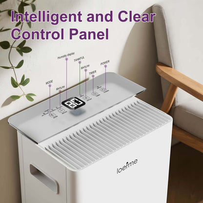 Loefme 8L/ Day Efficient Dehumidifier For Home, With 1.5L Tank & 2 Pipes, Portable Wheels, 3 Modes, Auto Defrost, Timer, Child Lock, Digital Display, Full Water Alert, Bedroom/ Kitchen/ Caravan/ Wardrobe