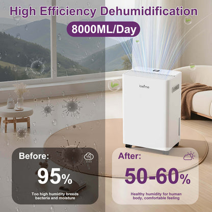 Loefme 8L/ Day Efficient Dehumidifier For Home, With 1.5L Tank & 2 Pipes, Portable Wheels, 3 Modes, Auto Defrost, Timer, Child Lock, Digital Display, Full Water Alert, Bedroom/ Kitchen/ Caravan/ Wardrobe